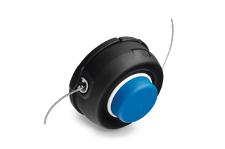 Front and side view of a trimmer head with dual line spool.