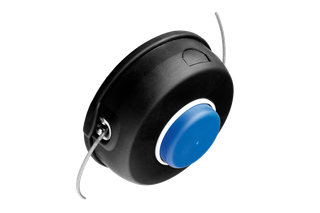 Top view of a trimmer head with blue center and visible line spools.