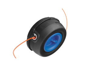 Front view of a trimmer head with visible orange trimmer line.