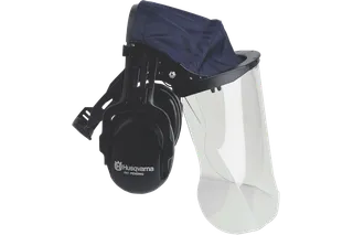 Front view of a Husqvarna safety helmet with ear protection and visor.