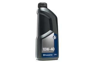 Front view of a Husqvarna 10W-40 oil bottle for 4-stroke engines.