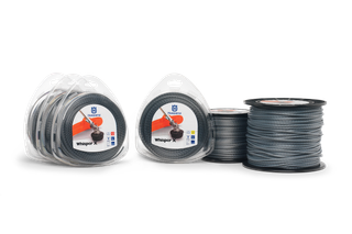 Front view of Husqvarna Whisper X trimmer line spools and packages.