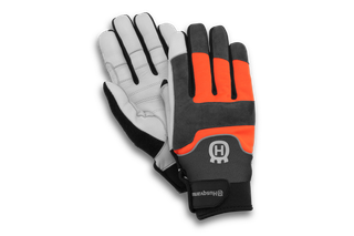 Front view of Husqvarna work gloves with reinforced palms and Husqvarna logo.