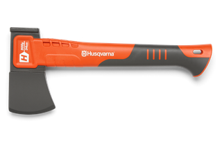 Side view of a Husqvarna axe with ergonomic handle and blade cover.