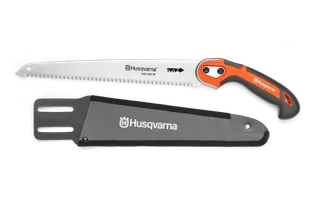 Front view of a Husqvarna hand saw with ergonomic handle and protective sheath.