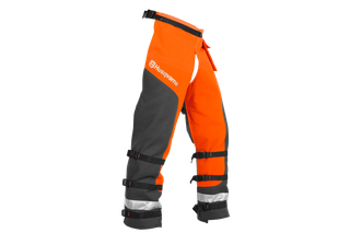 Side view of Husqvarna chainsaw protective trousers with adjustable straps.