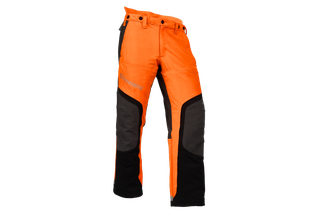 Front view of Husqvarna chainsaw trousers designed for work wear.