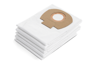 Stack of vacuum cleaner bags with cardboard openings, studio shot.