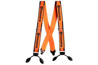 Front view of Husqvarna branded suspenders with adjustable straps and clips.
