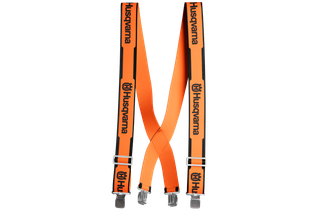 Front view of Husqvarna branded suspenders with metal clips.