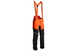 Front view of Husqvarna chainsaw trousers with suspenders.