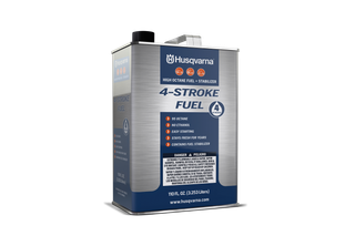 Front view of a Husqvarna 4-stroke fuel container with high octane fuel and stabilizer.