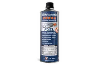Front view of a Husqvarna pre-mixed 50:1 fuel and oil canister with product details.