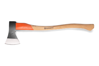 Side view of a Husqvarna axe with a wooden handle and steel blade.
