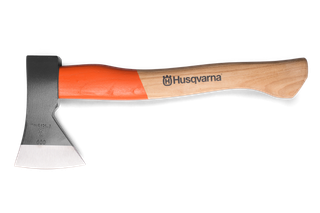 Side view of a Husqvarna axe with a wooden handle and metal head.