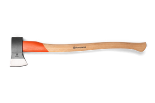 Side view of a Husqvarna axe with a wooden handle.