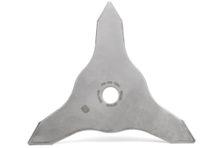 Top view of a Husqvarna grass cutting blade with three sharp edges.