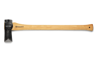 Side view of a Husqvarna axe with a wooden handle.