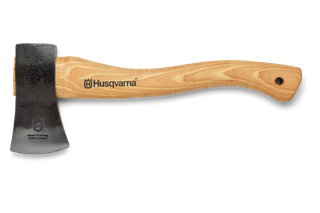 Side view of a Husqvarna axe with a wooden handle.