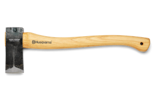 Side view of a Husqvarna hand-forged axe with a wooden handle.