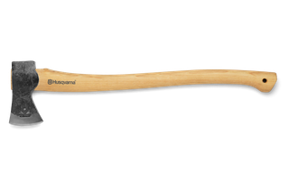 Side view of a Husqvarna axe with a wooden handle.