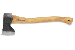 Side view of a Husqvarna axe with a wooden handle.