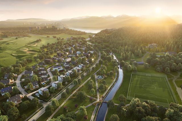 Aerial view of a residential area with houses, a river, and a football field surrounded by greenery.