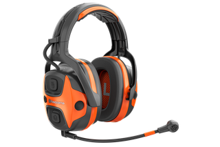 Side view of Husqvarna communication headset with microphone and ear protection.