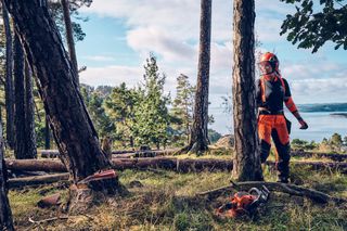 A person in work gear standing in a forest setting with a chainsaw on the ground.