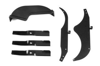 Top view of various lawn mower blades and parts arranged on a white background.