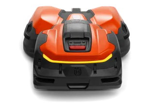 Front view of a Husqvarna robotic lawn mower.