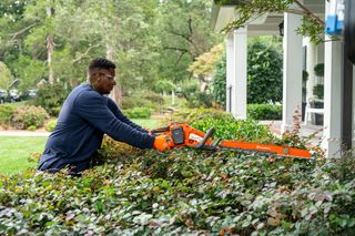 A person trimming hedges with a chainsaw in a residential garden.