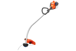 Side view of a string trimmer with a curved shaft and protective guard.