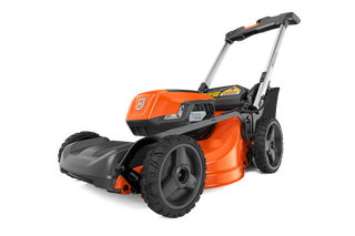 Side view of a Husqvarna battery-powered lawn mower.