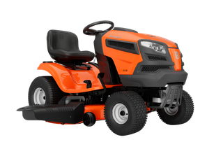 Side view of a Husqvarna ride-on lawn mower.