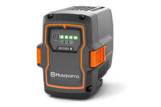 Front view of a Husqvarna B330X battery with LED charge indicators.