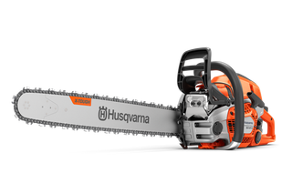 Side view of a Husqvarna chainsaw with X-Torq technology.