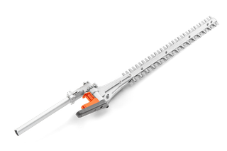 Side view of a hedge trimmer attachment with cutting blades.
