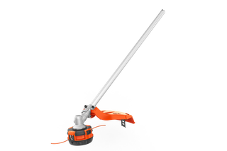 Side view of a trimmer head with a protective guard and string spool.