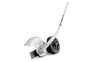 Side view of a Husqvarna edger attachment with a wheel and blade.