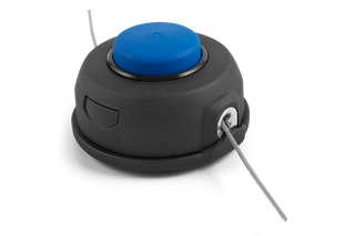 Top view of a trimmer head with blue button and visible trimmer line.