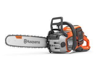 Side view of a Husqvarna chainsaw with X-Force bar and ergonomic handle.
