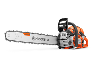 Side view of a Husqvarna 564 XP® Fuel Inject chainsaw with visible chain and handle.