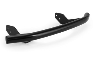 Side view of a curved metal handle with mounting brackets.