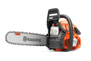 Side view of a Husqvarna chainsaw showcasing its blade and ergonomic handle.