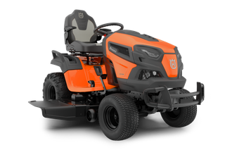 Front view of a Husqvarna ride-on mower with an archived overlay.