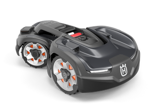 Side view of a Husqvarna robotic lawn mower with distinctive wheel design.