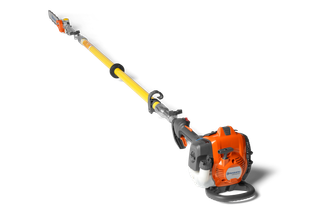 Side view of a Husqvarna pole saw with an extended shaft and chainsaw attachment.