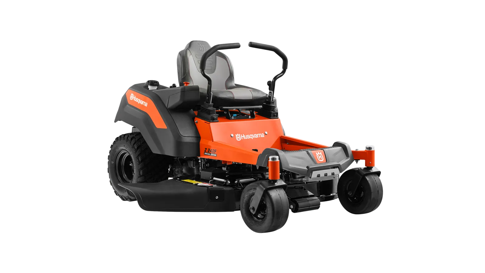 Front view of a Husqvarna ride-on mower with cutting deck.