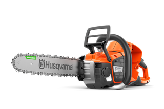 Side view of a Husqvarna chainsaw with visible chain and handle.